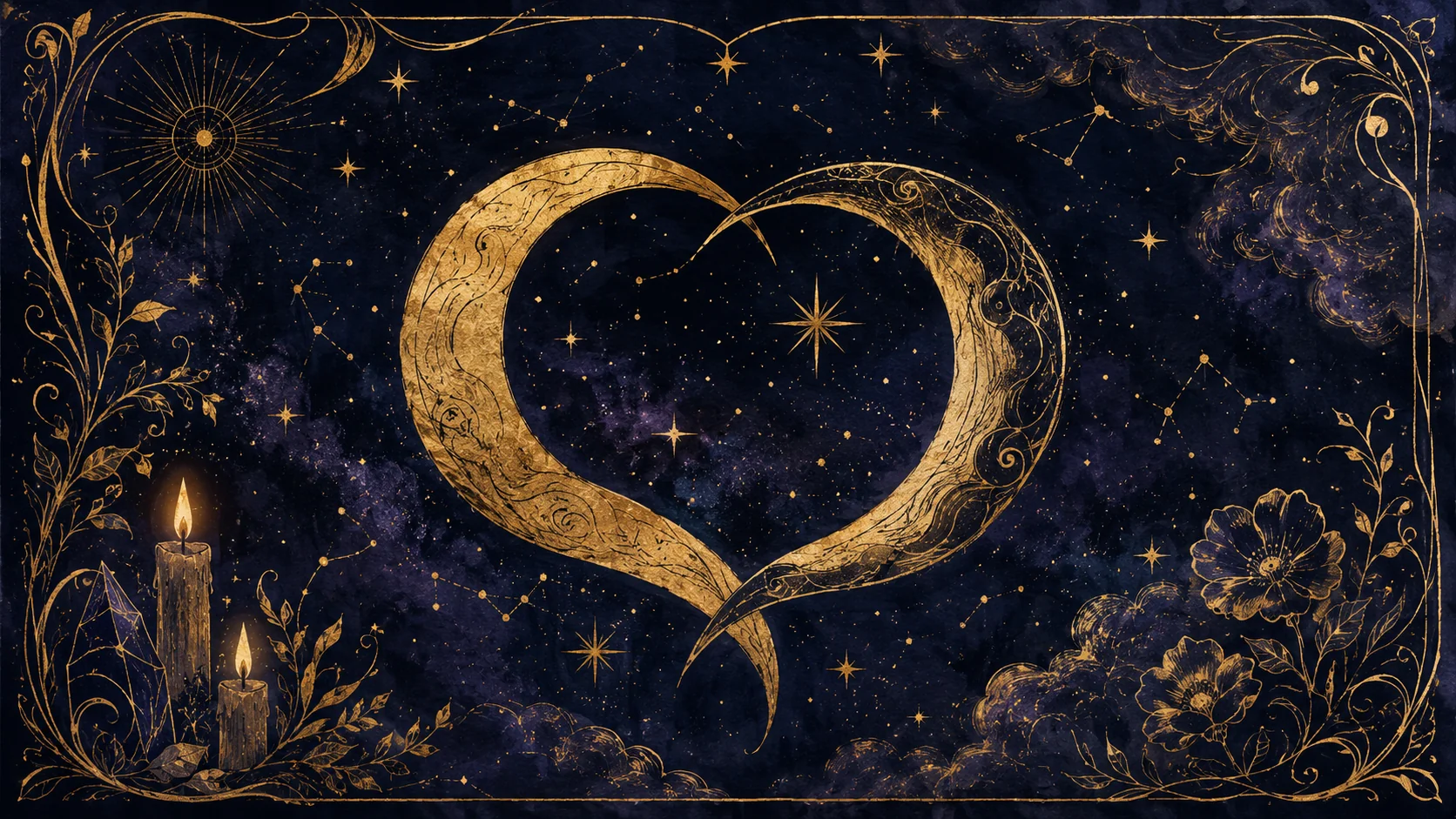 Два переплетённых полумесяца в форме сердца над звёздным небом