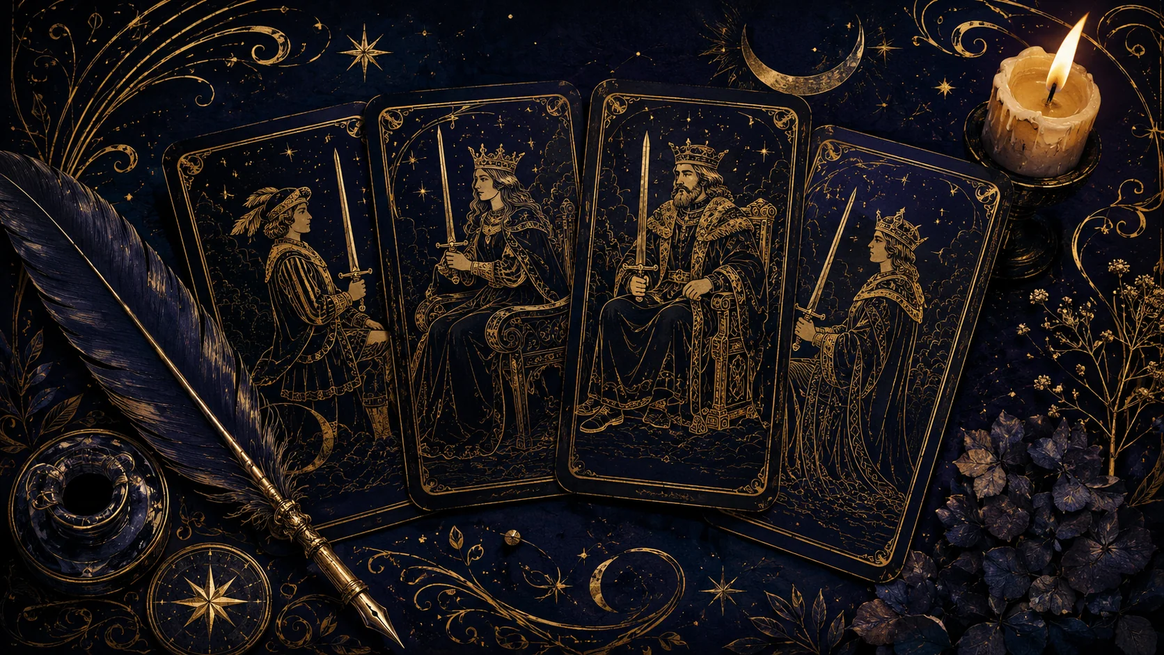 Четыре фигуры Мечей Таро, Паж, Рыцарь, Королева и Король, золотом на тёмно-синем фоне с полумесяцами и восьмиконечными звёздами