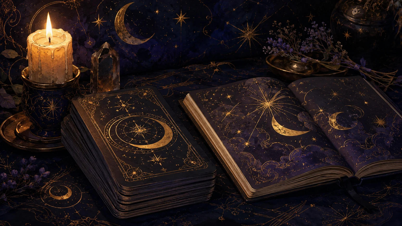 Четыре масти Таро как стихии: жезл-огонь, кубок-вода, меч-воздух и пентакль-земля золотом на тёмно-синем фоне с полумесяцами и восьмиконечными звёздами