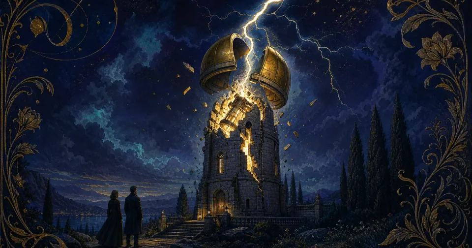 Карта Башня XVI из колоды Райдера-Уэйта-Смит с молнией, короной и падающими фигурами