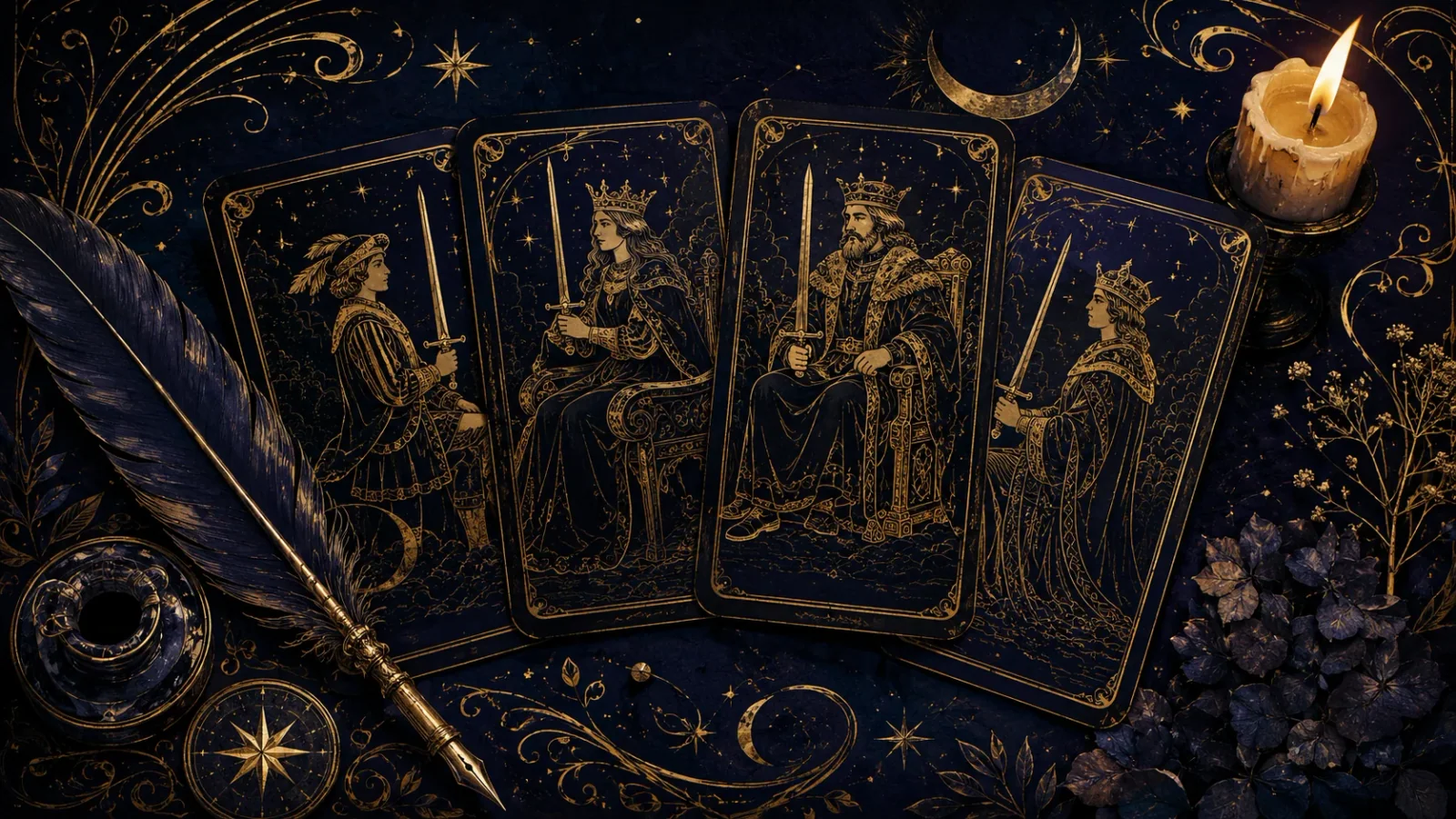 Четыре фигуры Мечей Таро, Паж, Рыцарь, Королева и Король, золотом на тёмно-синем фоне с полумесяцами и восьмиконечными звёздами